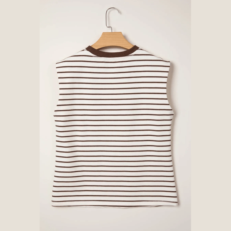 Tana Brown Stripe Ribbed Round Neck Trim Loose Tank Top