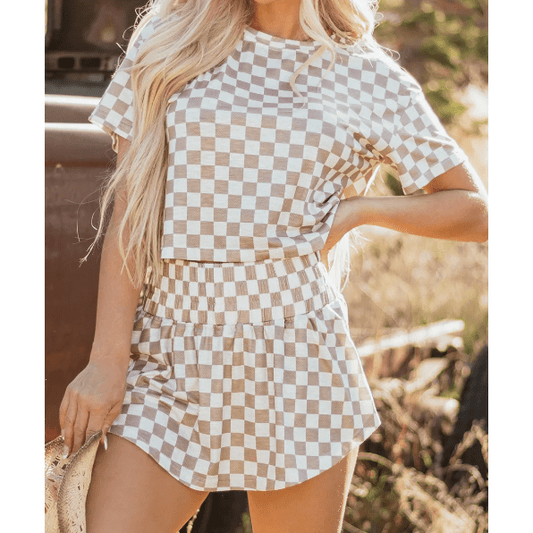 Keagan Brown Checkerboard T Shirt and High Waist Skorts 2 Piece Outfit