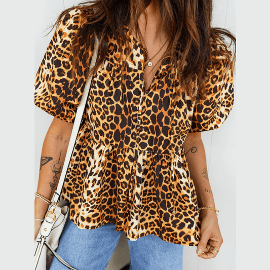 Liza Ann Leopard Print Short Puff Sleeve Slit Neck Babydoll Blouse