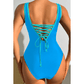 Debralyn Blue Contrast Trim Lace-up Back One Piece Swimsuit