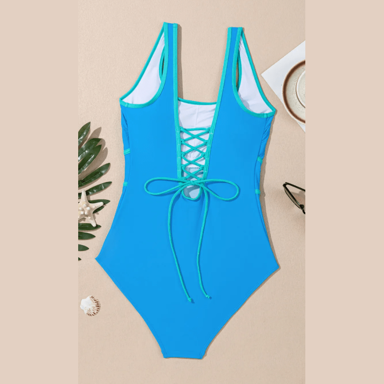 Debralyn Blue Contrast Trim Lace-up Back One Piece Swimsuit