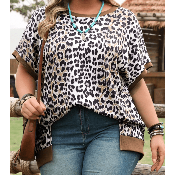 Gretchen Khaki Leopard Contrast Trim Short Sleeve Loose Plus Size Top