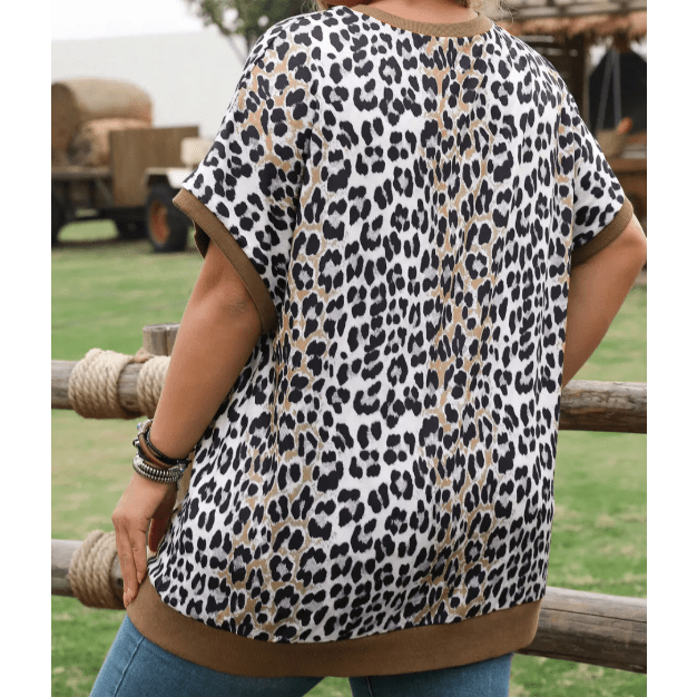 Gretchen Khaki Leopard Contrast Trim Short Sleeve Loose Plus Size Top