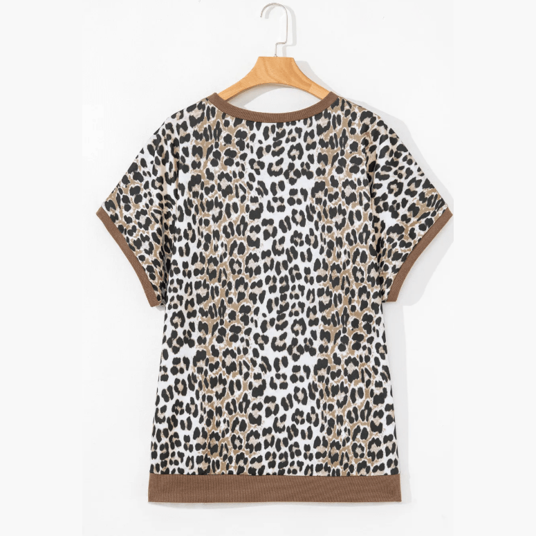 Gretchen Khaki Leopard Contrast Trim Short Sleeve Loose Plus Size Top