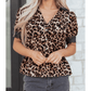 RTS Brown Leopard Print Button Down Lace Trim Short Sleeve Shirt