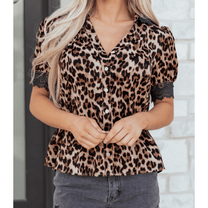 RTS Brown Leopard Print Button Down Lace Trim Short Sleeve Shirt