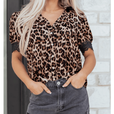 RTS Brown Leopard Print Button Down Lace Trim Short Sleeve Shirt