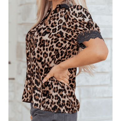 RTS Brown Leopard Print Button Down Lace Trim Short Sleeve Shirt
