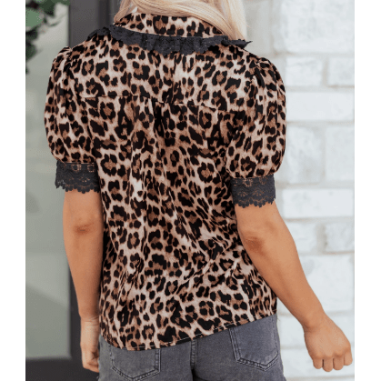 RTS Brown Leopard Print Button Down Lace Trim Short Sleeve Shirt