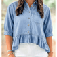 RTS Beau Blue Half Sleeve Button Down Ruffled High Low Chambray Shirt