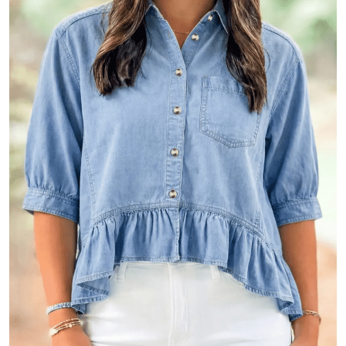 RTS Beau Blue Half Sleeve Button Down Ruffled High Low Chambray Shirt