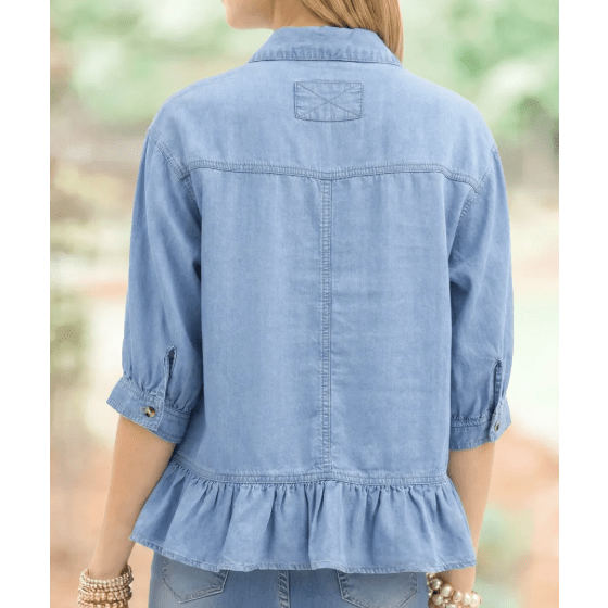 RTS Beau Blue Half Sleeve Button Down Ruffled High Low Chambray Shirt