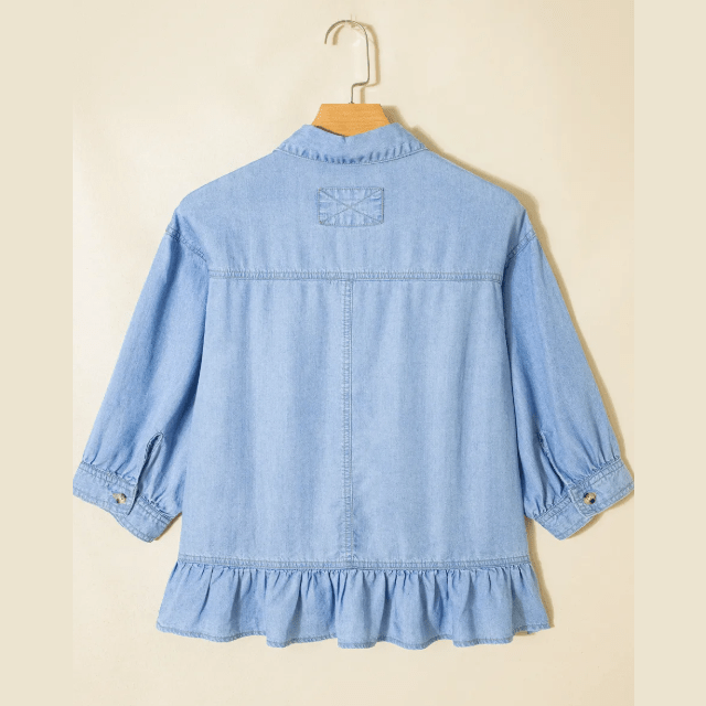 RTS Beau Blue Half Sleeve Button Down Ruffled High Low Chambray Shirt
