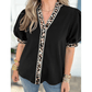 RTS Black V Neck Short Puff Sleeve Contrast Striped Leopard Trim Button Down Shirt