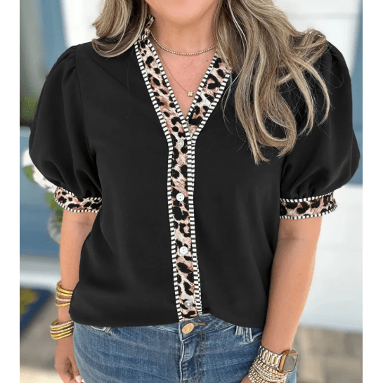 RTS Black V Neck Short Puff Sleeve Contrast Striped Leopard Trim Button Down Shirt