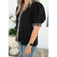 RTS Black V Neck Short Puff Sleeve Contrast Striped Leopard Trim Button Down Shirt