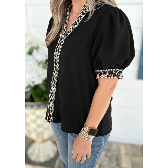 RTS Black V Neck Short Puff Sleeve Contrast Striped Leopard Trim Button Down Shirt