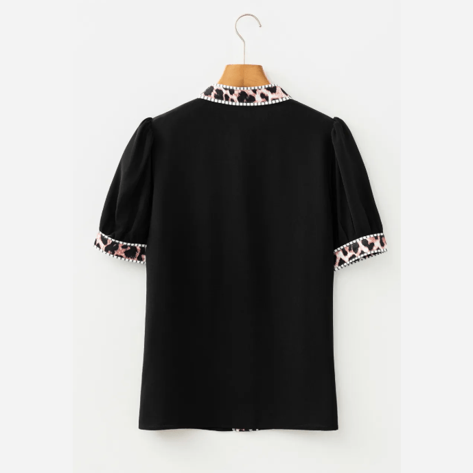 RTS Black V Neck Short Puff Sleeve Contrast Striped Leopard Trim Button Down Shirt