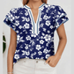 RTS Blue Floral Print Contrast Trim Split Neck Double Ruffle Short Sleeve Blouse