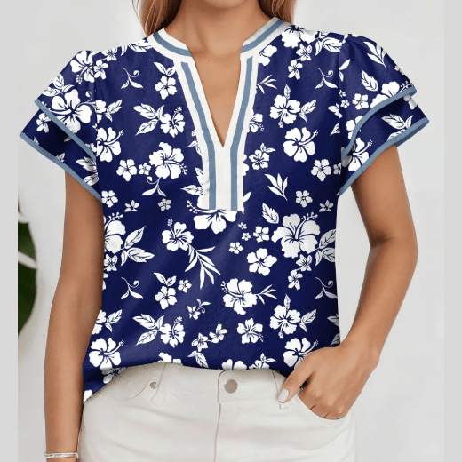 RTS Blue Floral Print Contrast Trim Split Neck Double Ruffle Short Sleeve Blouse