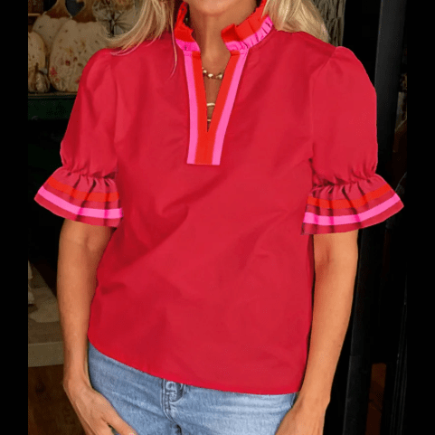 RTS Fiery Red Striped Frilled Collar Ruffled Short Sleeve Blouse