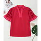 RTS Fiery Red Striped Frilled Collar Ruffled Short Sleeve Blouse