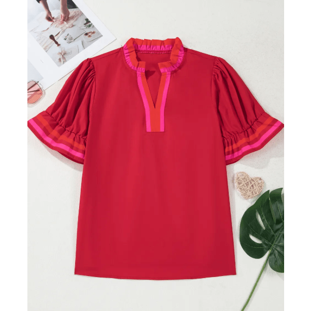 RTS Fiery Red Striped Frilled Collar Ruffled Short Sleeve Blouse