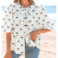 RTS White Bowknot Print Front Knots Bubble Sleeve Blouse