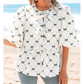 RTS White Bowknot Print Front Knots Bubble Sleeve Blouse