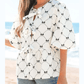 RTS White Bowknot Print Front Knots Bubble Sleeve Blouse