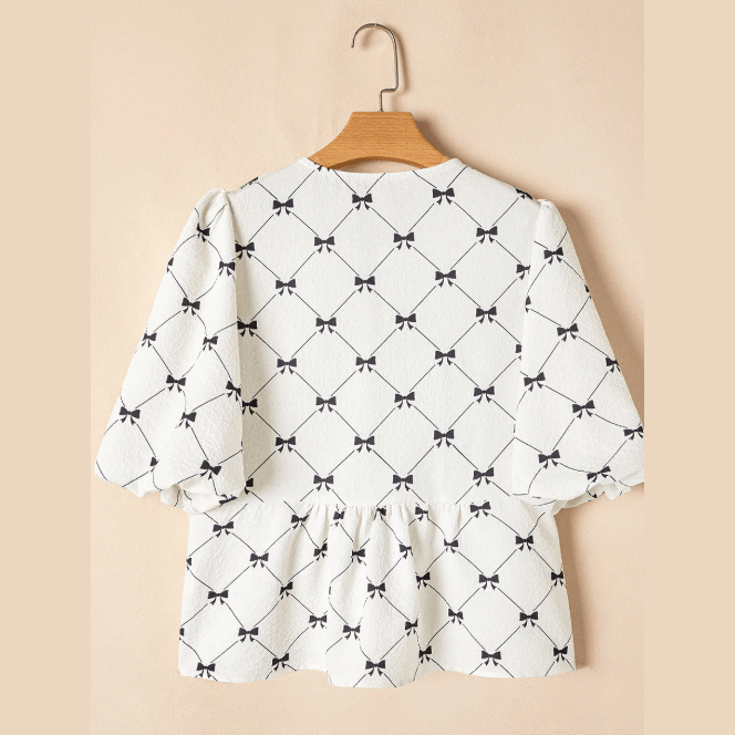 RTS White Bowknot Print Front Knots Bubble Sleeve Blouse