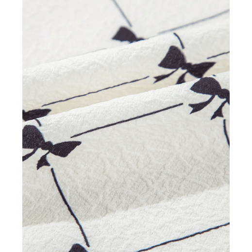 RTS White Bowknot Print Front Knots Bubble Sleeve Blouse