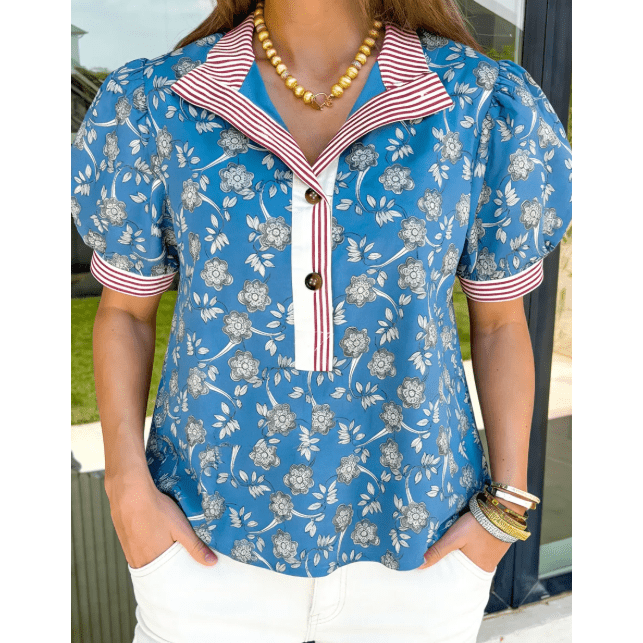 RTS Blue Retro Floral Print Striped Trim Button Neck Short Sleeve Blouse