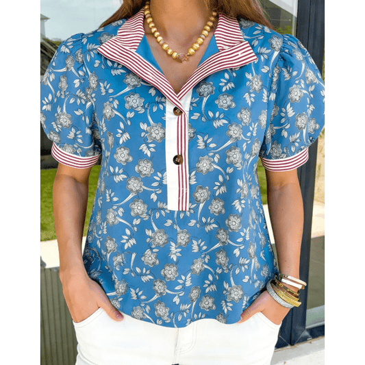 RTS Blue Retro Floral Print Striped Trim Button Neck Short Sleeve Blouse