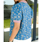 RTS Blue Retro Floral Print Striped Trim Button Neck Short Sleeve Blouse