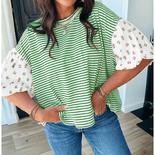 RTS Green Stripe Floral Puff Sleeve Patchwork Round Neck Loose Top