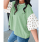 RTS Green Stripe Floral Puff Sleeve Patchwork Round Neck Loose Top