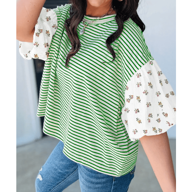 RTS Green Stripe Floral Puff Sleeve Patchwork Round Neck Loose Top