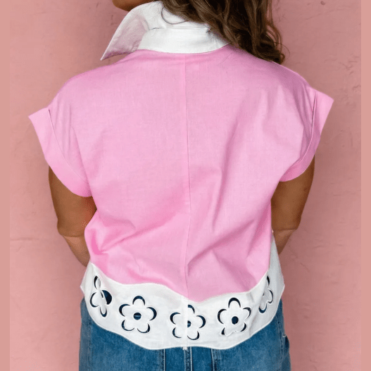 RTS Pink Hollow-out Floral Contrast Patchwork Short Sleeve Button Up Shirt