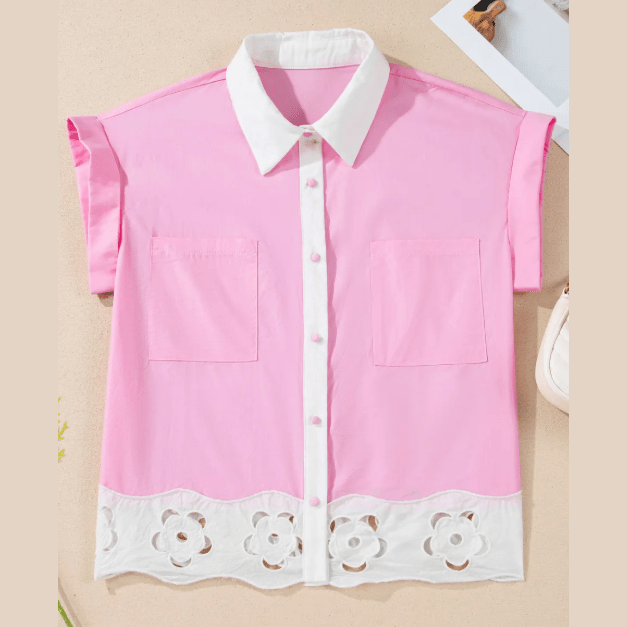 RTS Pink Hollow-out Floral Contrast Patchwork Short Sleeve Button Up Shirt