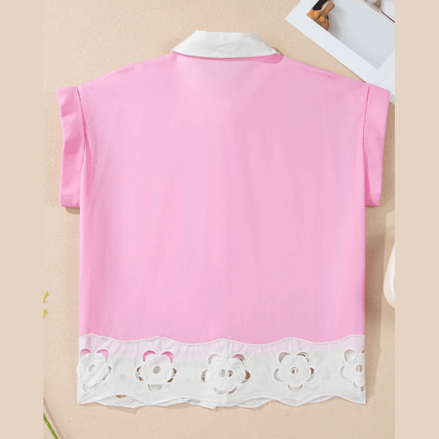 RTS Pink Hollow-out Floral Contrast Patchwork Short Sleeve Button Up Shirt