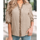 Chelle Brown Stripe Leopard Trim V Neck Button Down Half Sleeve Shirt