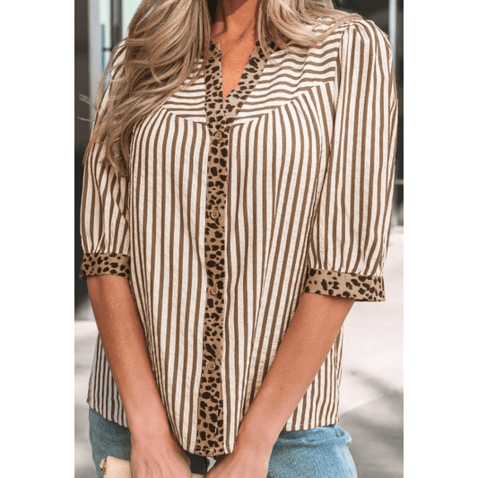 Chelle Brown Stripe Leopard Trim V Neck Button Down Half Sleeve Shirt