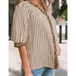 Chelle Brown Stripe Leopard Trim V Neck Button Down Half Sleeve Shirt