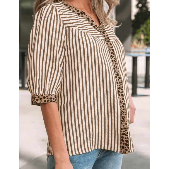 Chelle Brown Stripe Leopard Trim V Neck Button Down Half Sleeve Shirt