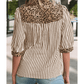 Chelle Brown Stripe Leopard Trim V Neck Button Down Half Sleeve Shirt