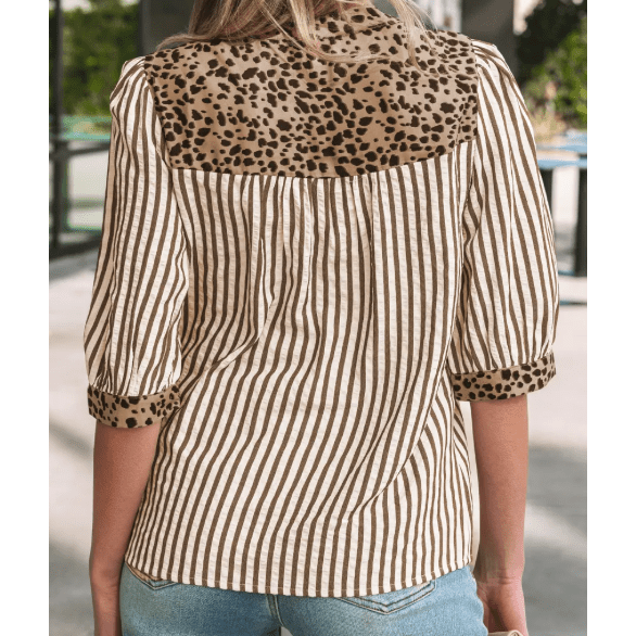 Chelle Brown Stripe Leopard Trim V Neck Button Down Half Sleeve Shirt