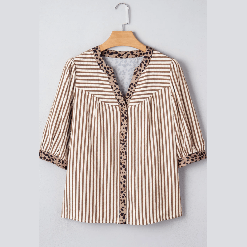 Chelle Brown Stripe Leopard Trim V Neck Button Down Half Sleeve Shirt
