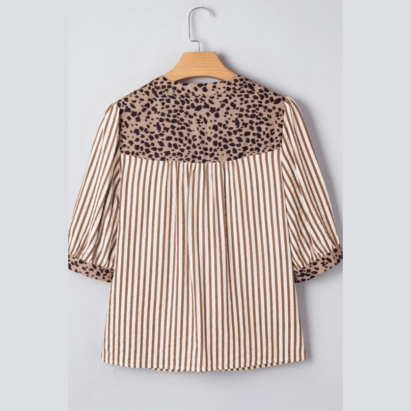Chelle Brown Stripe Leopard Trim V Neck Button Down Half Sleeve Shirt