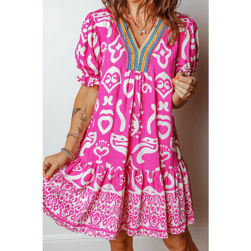 Erlinda Boho Mixed Print Contrast Trim V Neck Short Sleeve Flared Dress